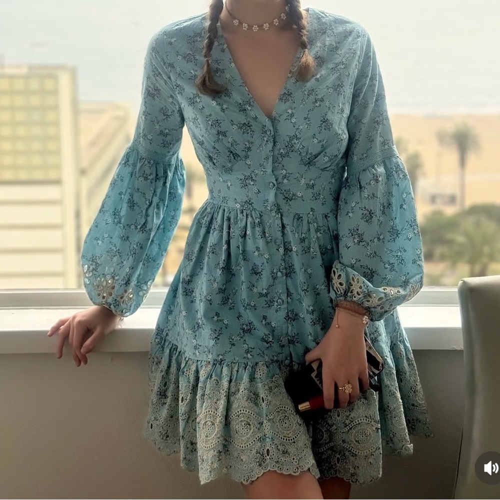 Anthropologie x A COLLECTIVE STORY Embroidered Balloon Sleeve Eyelet Dress sz XL